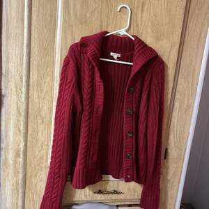 St. John's Bay Women's XL Red Cable Knit Button-Front Hooded Cardigan Sweater
